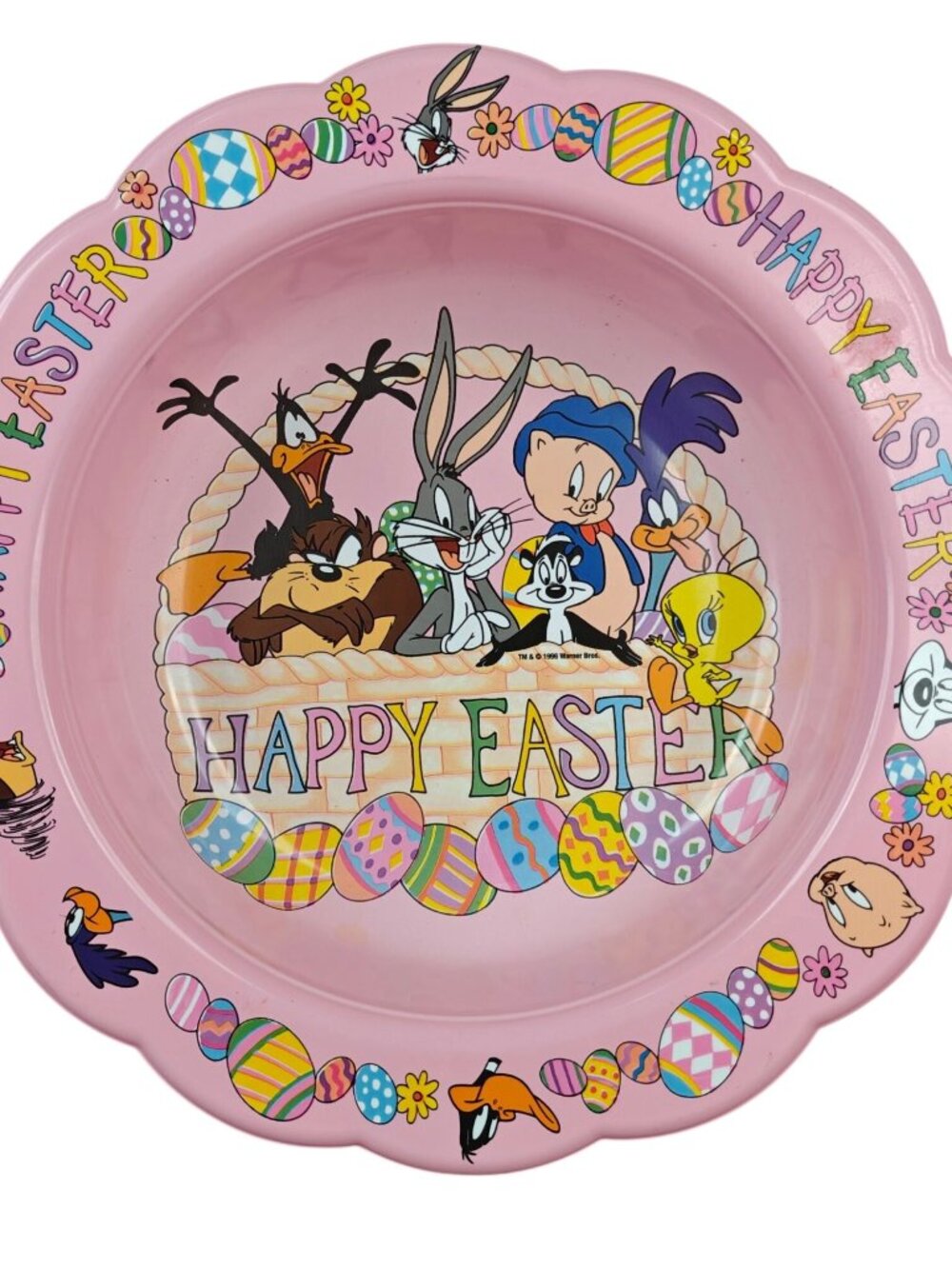 Vintage Warner Bros Looney Tunes Happy Easter Plate Pink Scalloped Edge 1996